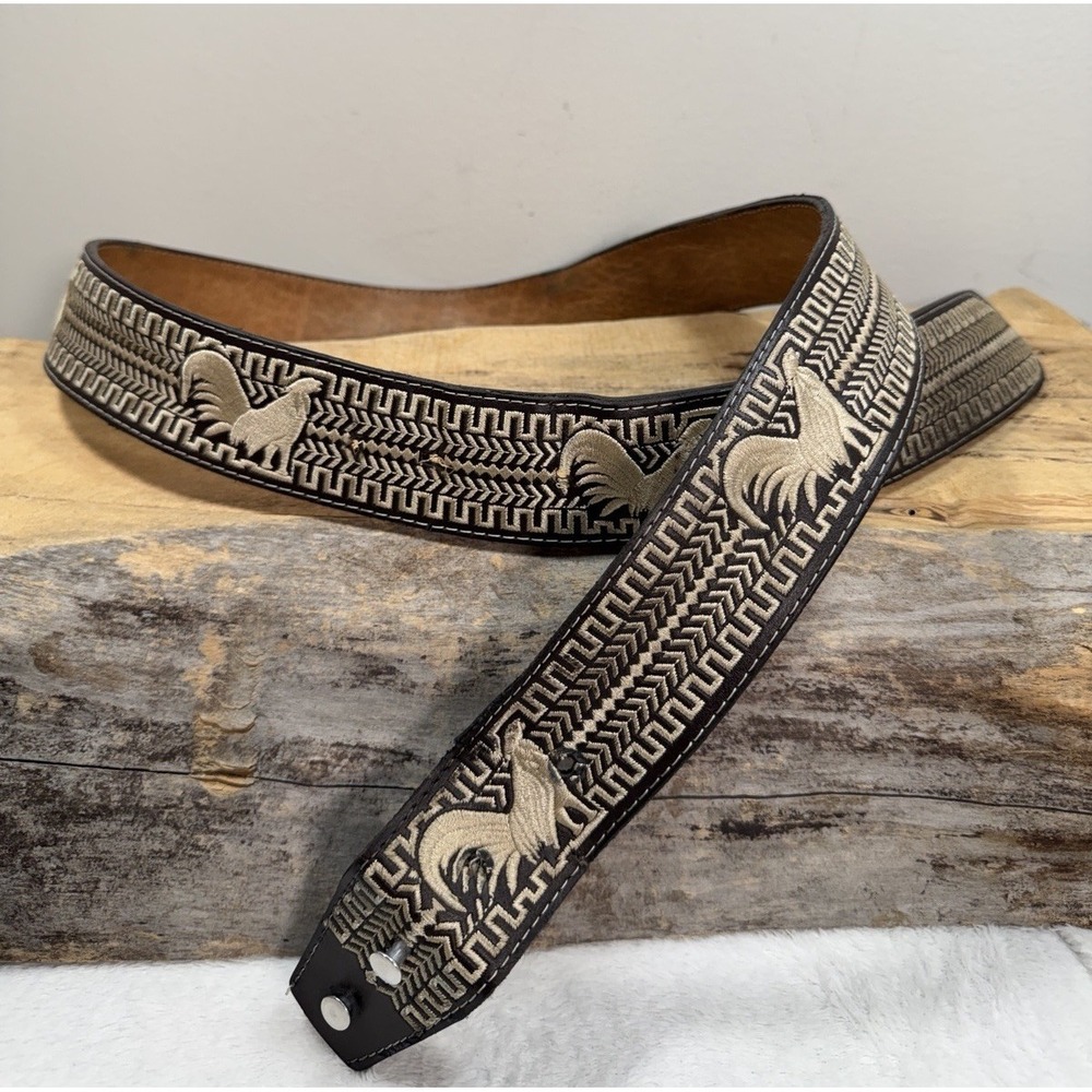 Western Cowboy Belt Men 42 Brown Yac Leather Rooster Embroidery Handmade Mexico